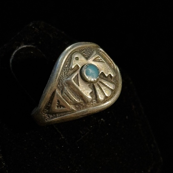 Vintage Jewelry - Vintage Native American Turquoise Sterling Silver Thunderbird Ring Size 7.75